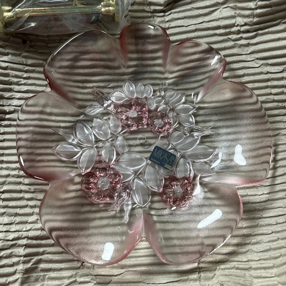 MIKASA ROSELLA 2 TIER TIDBIT SERVER‎ CRYSTAL PINK SATIN FLOWERS 1507